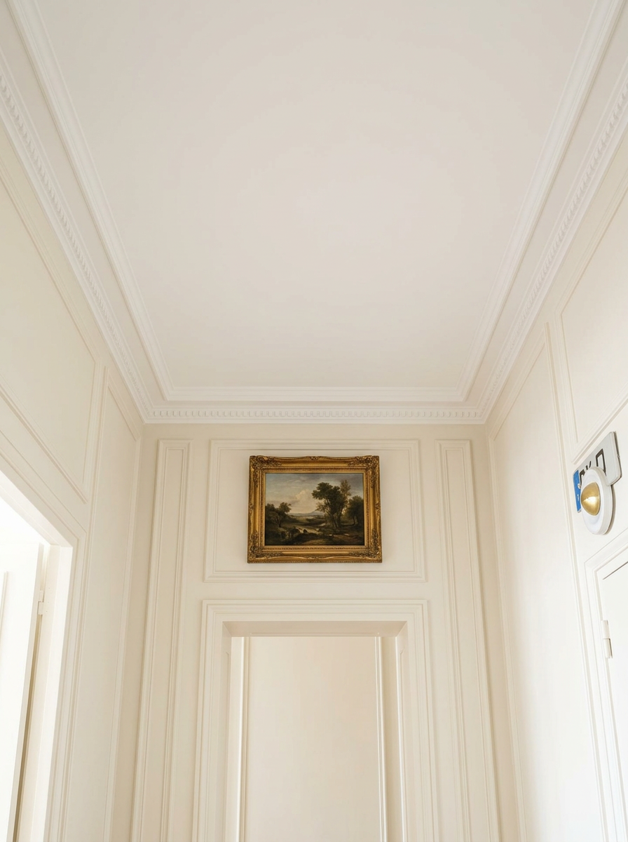 Plafond et moulures repris après rénovation, appartement parisien